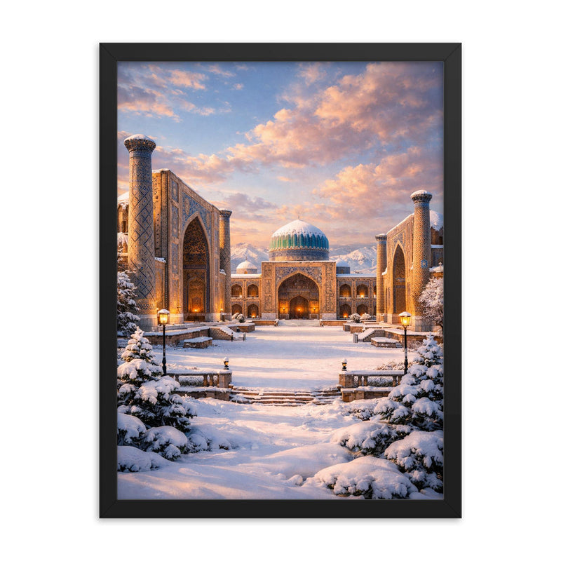Samarkand Registan after fresh snowfall framed print on a plain backdrop in size 18