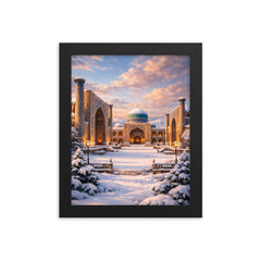 Samarkand Registan after fresh snowfall framed print on a plain backdrop in size 8"x10".