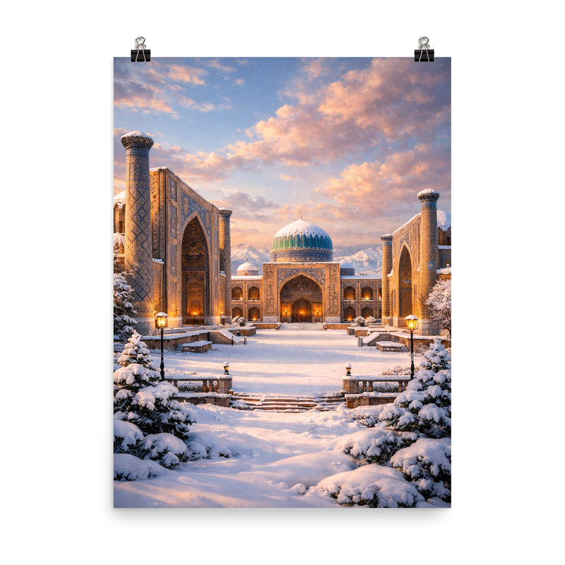Samarkand Registan after fresh snowfall poster on a plain backdrop in size 8