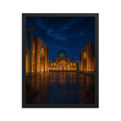 Samarkand Registan under indigo evening framed print on a plain backdrop in size 16"x20".
