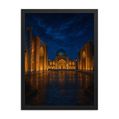 Samarkand Registan under indigo evening framed print on a plain backdrop in size 18"x24".