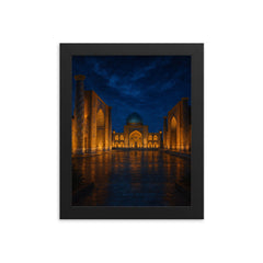 Samarkand Registan under indigo evening framed print on a plain backdrop in size 8"x10".