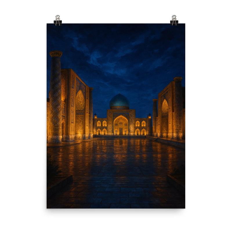 Samarkand Registan under indigo evening poster on a plain backdrop in size 8
