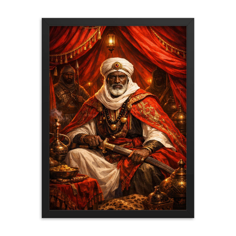 Samory Toure in scarlet field tent framed print on a plain backdrop in size 18
