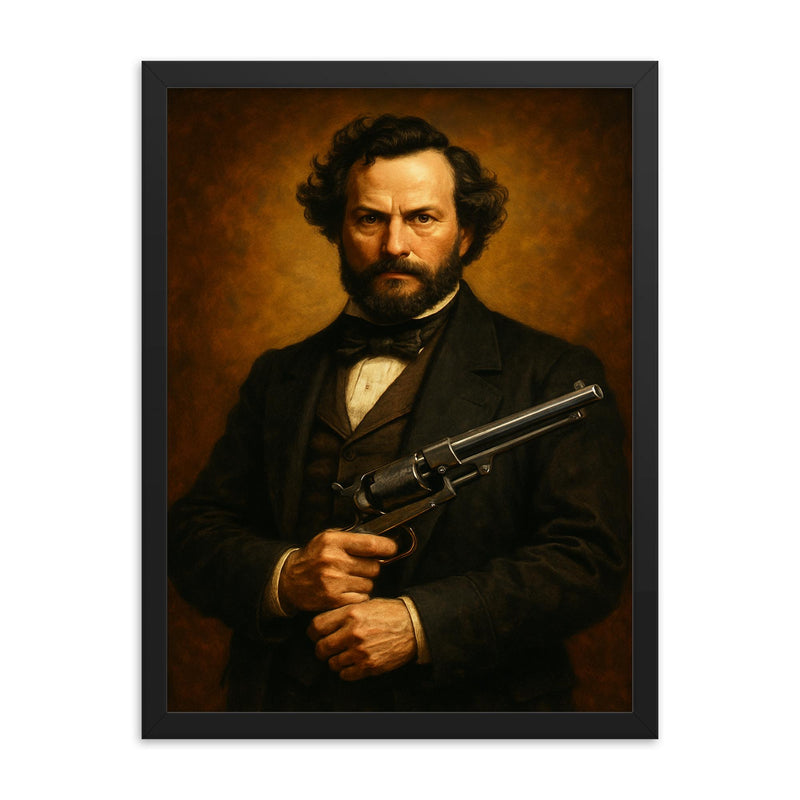 Samuel Colt framed print on a plain backdrop in size 18