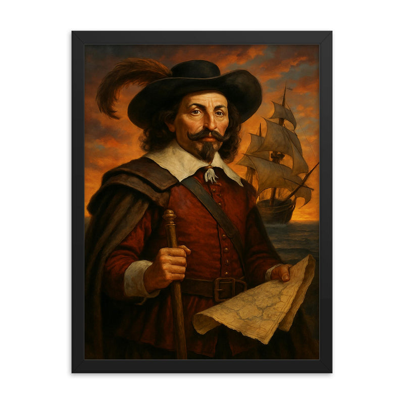 Samuel de Champlain framed print on a plain backdrop in size 18
