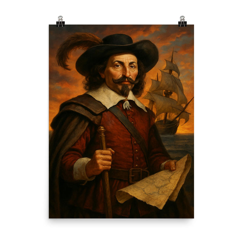 Samuel de Champlain poster on a plain backdrop in size 8