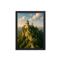 San Marino Three Towers Ridge San Marino framed print on a plain backdrop in size 12"x16".