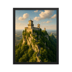 San Marino Three Towers Ridge San Marino framed print on a plain backdrop in size 16"x20".
