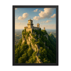 San Marino Three Towers Ridge San Marino framed print on a plain backdrop in size 18"x24".