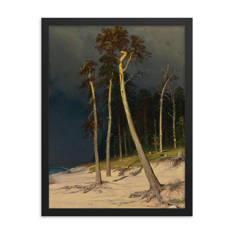 Sandy Coastline by Ivan Ivanovich Shishkin framed print on a plain backdrop in size 18