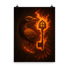 Sankofa bird carrying burning library key poster on a plain backdrop in size 8"x10".