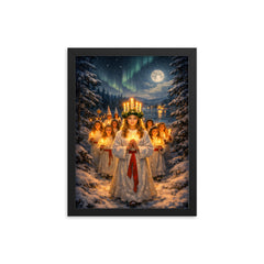 Sankta Lucia procession through Nordic darkness framed print on a plain backdrop in size 12"x16".