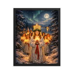 Sankta Lucia procession through Nordic darkness framed print on a plain backdrop in size 16"x20".