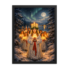 Sankta Lucia procession through Nordic darkness framed print on a plain backdrop in size 18"x24".