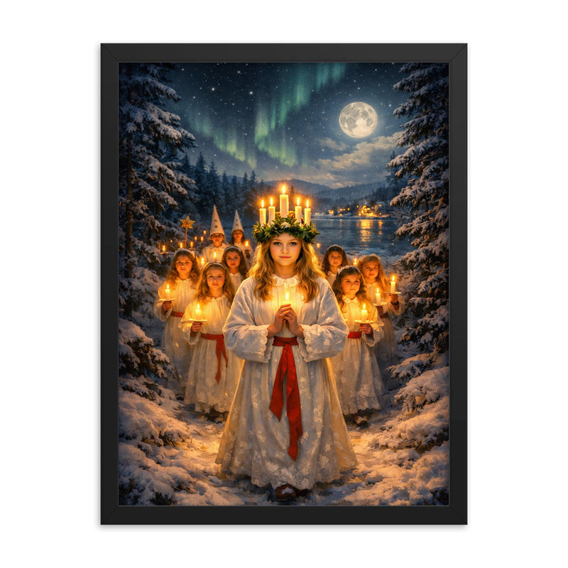 Sankta Lucia procession through Nordic darkness framed print on a plain backdrop in size 18