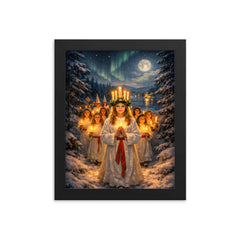 Sankta Lucia procession through Nordic darkness framed print on a plain backdrop in size 8"x10".