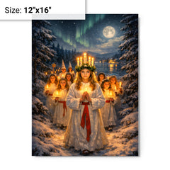 Sankta Lucia procession through Nordic darkness metal print on a plain backdrop in size 12"x16".
