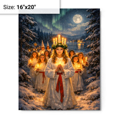 Sankta Lucia procession through Nordic darkness metal print on a plain backdrop in size 16"x20".