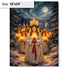 Sankta Lucia procession through Nordic darkness metal print on a plain backdrop in size 18"x24".