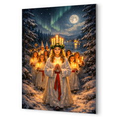 Sankta Lucia procession through Nordic darkness metal print mockup