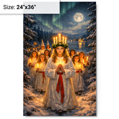 Sankta Lucia procession through Nordic darkness metal print on a plain backdrop in size 24"x36".