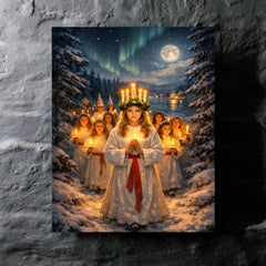 Sankta Lucia procession through Nordic darkness metal print mockup