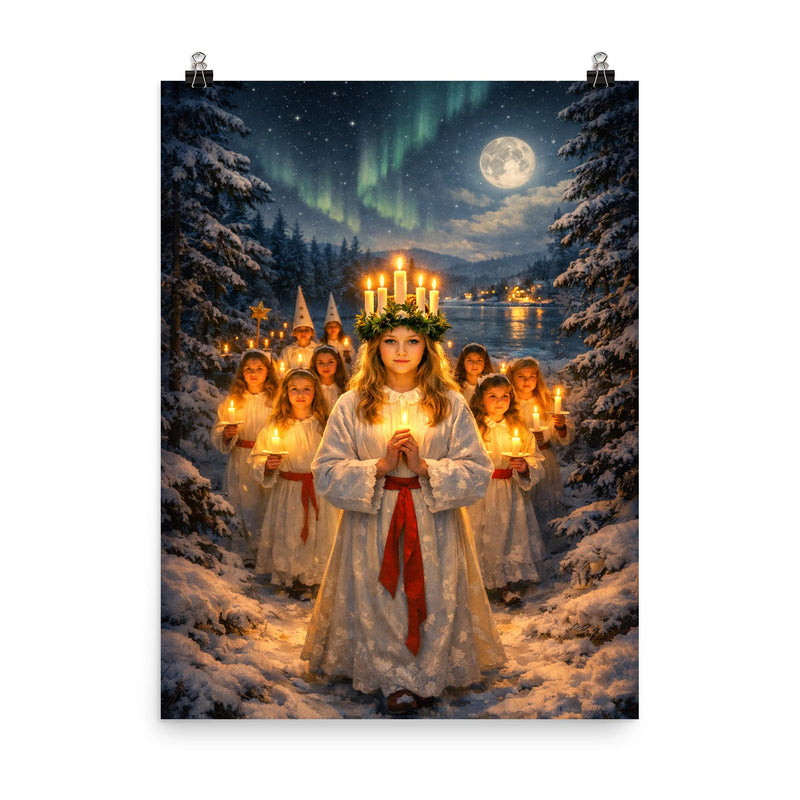 Sankta Lucia procession through Nordic darkness poster on a plain backdrop in size 8