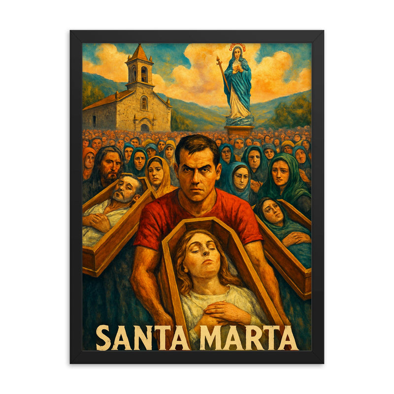 Santa Marta de Ribarteme Near Death Festival Spain framed print on a plain backdrop in size 18