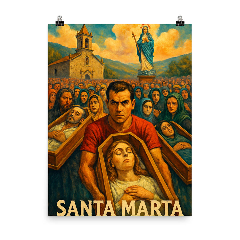 Santa Marta de Ribarteme Near Death Festival Spain poster on a plain backdrop in size 8