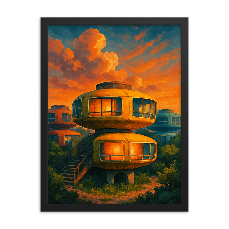 Sanzhi UFO Houses Taiwan framed print on a plain backdrop in size 18