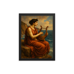 Sappho on sea cliff with lyre framed print on a plain backdrop in size 12"x16".