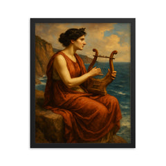 Sappho on sea cliff with lyre framed print on a plain backdrop in size 16"x20".