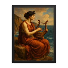 Sappho on sea cliff with lyre framed print on a plain backdrop in size 18"x24".