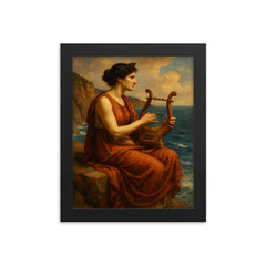 Sappho on sea cliff with lyre framed print on a plain backdrop in size 8"x10".