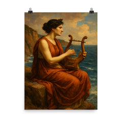 Sappho on sea cliff with lyre poster on a plain backdrop in size 8"x10".