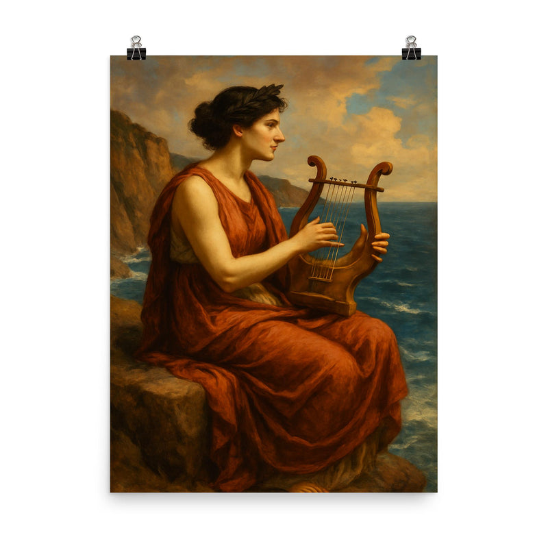 Sappho on sea cliff with lyre poster on a plain backdrop in size 8