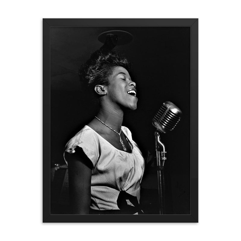 Sarah Vaughan framed print on a plain backdrop in size 18