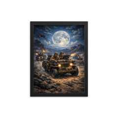 SAS jeep raid in North African moonlight framed print on a plain backdrop in size 12"x16".