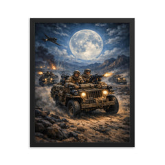 SAS jeep raid in North African moonlight framed print on a plain backdrop in size 16"x20".