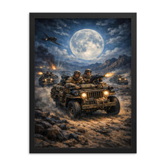 SAS jeep raid in North African moonlight framed print on a plain backdrop in size 18"x24".