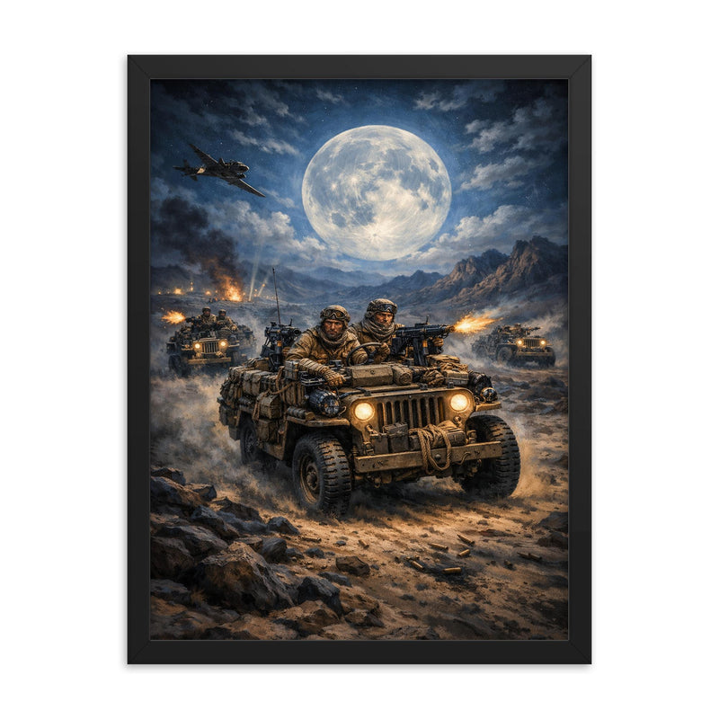 SAS jeep raid in North African moonlight framed print on a plain backdrop in size 18