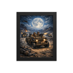 SAS jeep raid in North African moonlight framed print on a plain backdrop in size 8"x10".