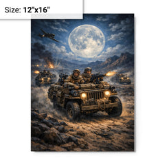 SAS jeep raid in North African moonlight metal print on a plain backdrop in size 12"x16".