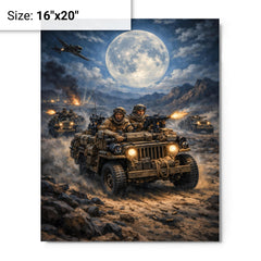 SAS jeep raid in North African moonlight metal print on a plain backdrop in size 16"x20".