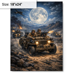 SAS jeep raid in North African moonlight metal print on a plain backdrop in size 18"x24".
