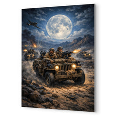 SAS jeep raid in North African moonlight metal print mockup