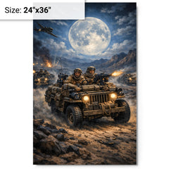 SAS jeep raid in North African moonlight metal print on a plain backdrop in size 24"x36".