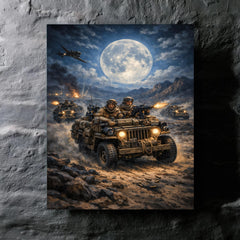 SAS jeep raid in North African moonlight metal print mockup