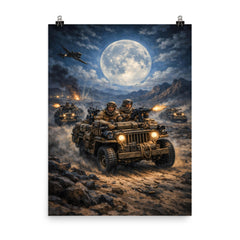 SAS jeep raid in North African moonlight poster on a plain backdrop in size 8"x10".
